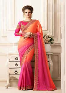 Orange +Pink Saree with Heavy Zari, resham embroidery and stone work