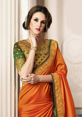 Orange Paper Silk Saree with Heavy Zari, resham embroidery and stone work