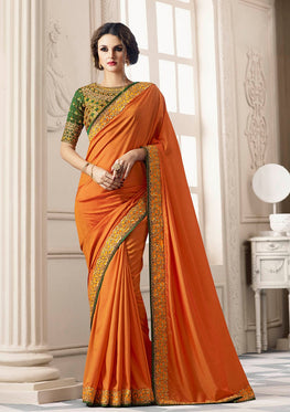 Orange Paper Silk Saree with Heavy Zari, resham embroidery and stone work
