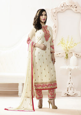 Cream Georgette Embroidered Top With  Chiffon  Embroieded Dupatta