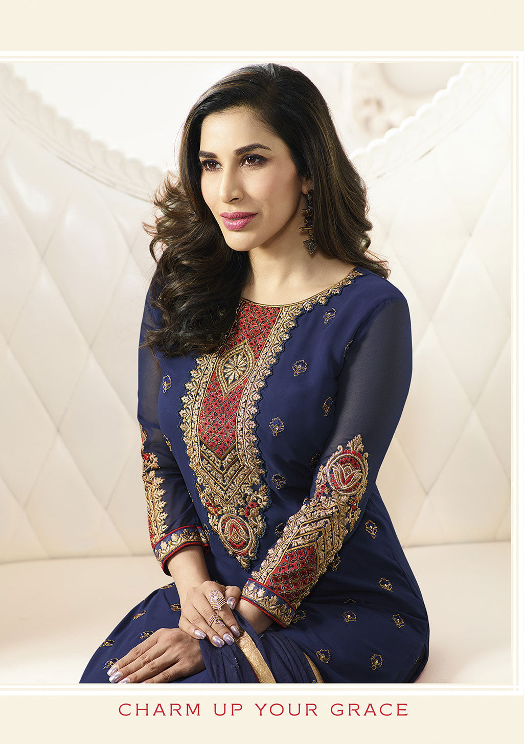 Navy Blue Georgette Top With  Chiffon  Embroieded Dupatta