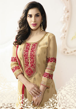 Khakhi Georgette Top With  Chiffon  Embroieded Dupatta