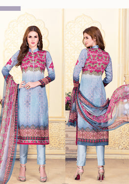 Blue-Pink Cotton Satin Salwar Suit With Embroidered Lace & Chiffon Digital Print Dupatta