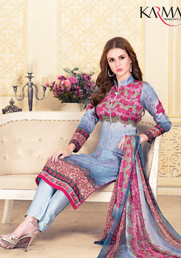 Blue-Pink Cotton Satin Salwar Suit With Embroidered Lace & Chiffon Digital Print Dupatta