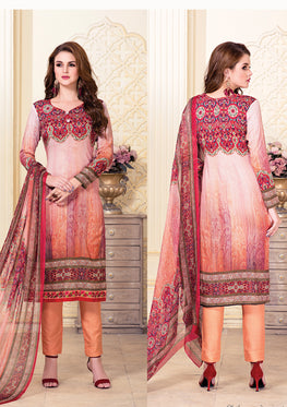 Pink-Red Cotton Satin Salwar Suit With Embroidered Lace & Chiffon Digital Print Dupatta