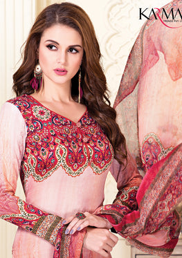 Pink-Red Cotton Satin Salwar Suit With Embroidered Lace & Chiffon Digital Print Dupatta