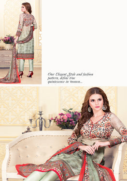 Green Cotton Satin Salwar Suit With Embroidered Lace & Chiffon Digital Print Dupatta
