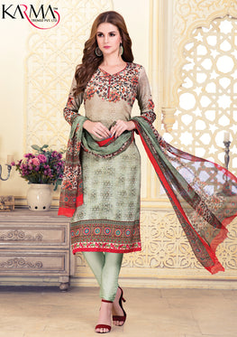 Green Cotton Satin Salwar Suit With Embroidered Lace & Chiffon Digital Print Dupatta