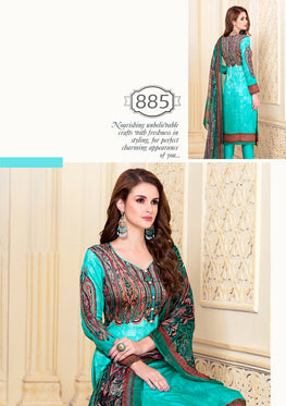 Sky Blue Cotton Satin Salwar Suit With Embroidered Lace & Chiffon Digital Print Dupatta