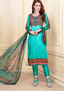 Sky Blue Cotton Satin Salwar Suit With Embroidered Lace & Chiffon Digital Print Dupatta
