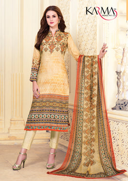 Yellow Cotton Satin Salwar Suit With Embroidered Lace & Chiffon Digital Print Dupatta