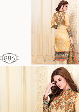 Yellow Cotton Satin Salwar Suit With Embroidered Lace & Chiffon Digital Print Dupatta