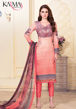 Pink Cotton Satin Salwar Suit with Embroidered Lace & Chiffon Digital Print Dupatta