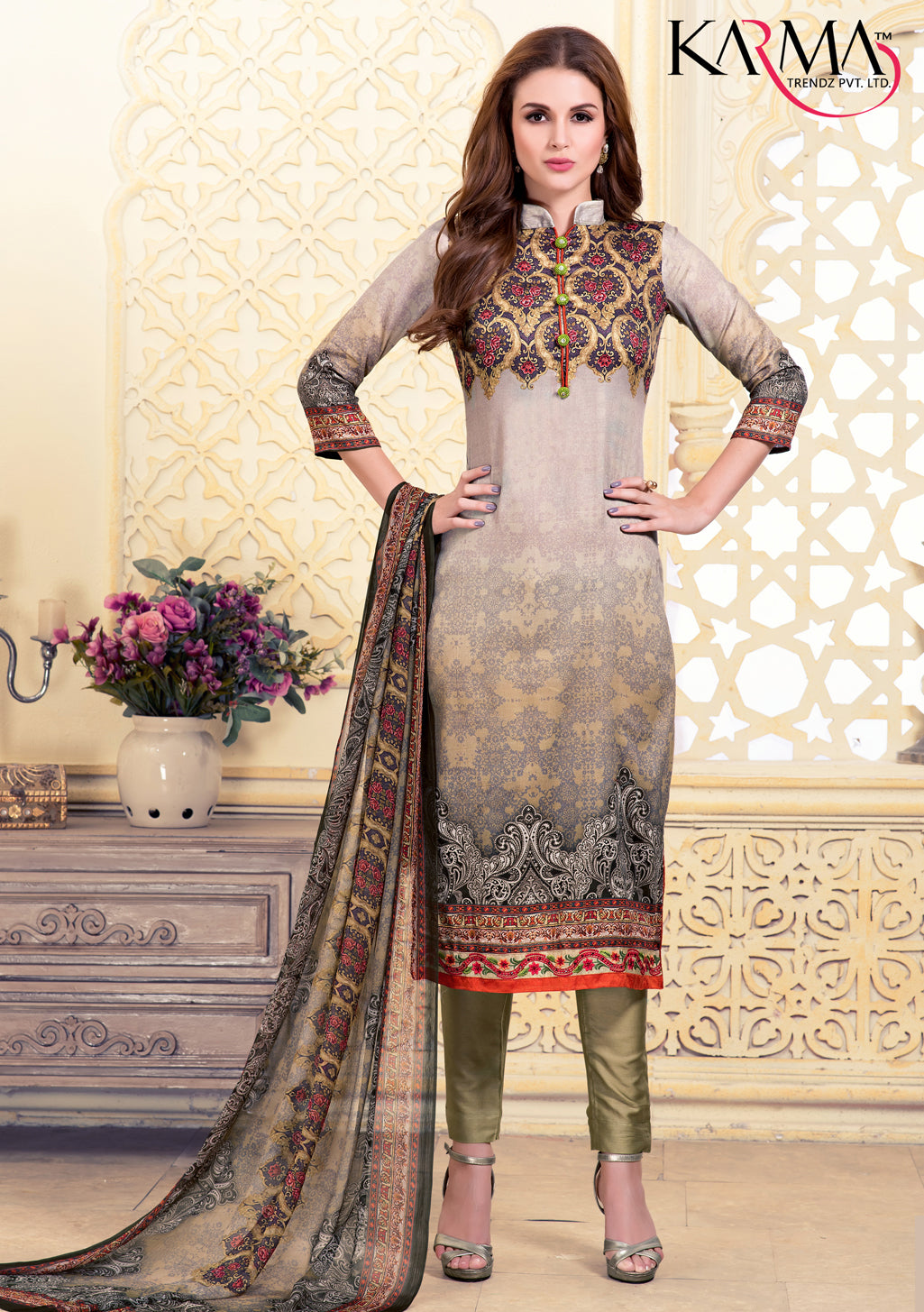 Gray Cotton Satin Salwar Suit with Embroidered Lace & Chiffon Digital Print Dupatta