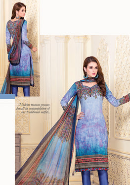 Blue Cotton Satin Salwar Suit with Embroidered Lace & Chiffon Digital Print Dupatta