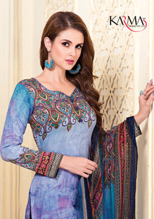 Blue Cotton Satin Salwar Suit with Embroidered Lace & Chiffon Digital Print Dupatta
