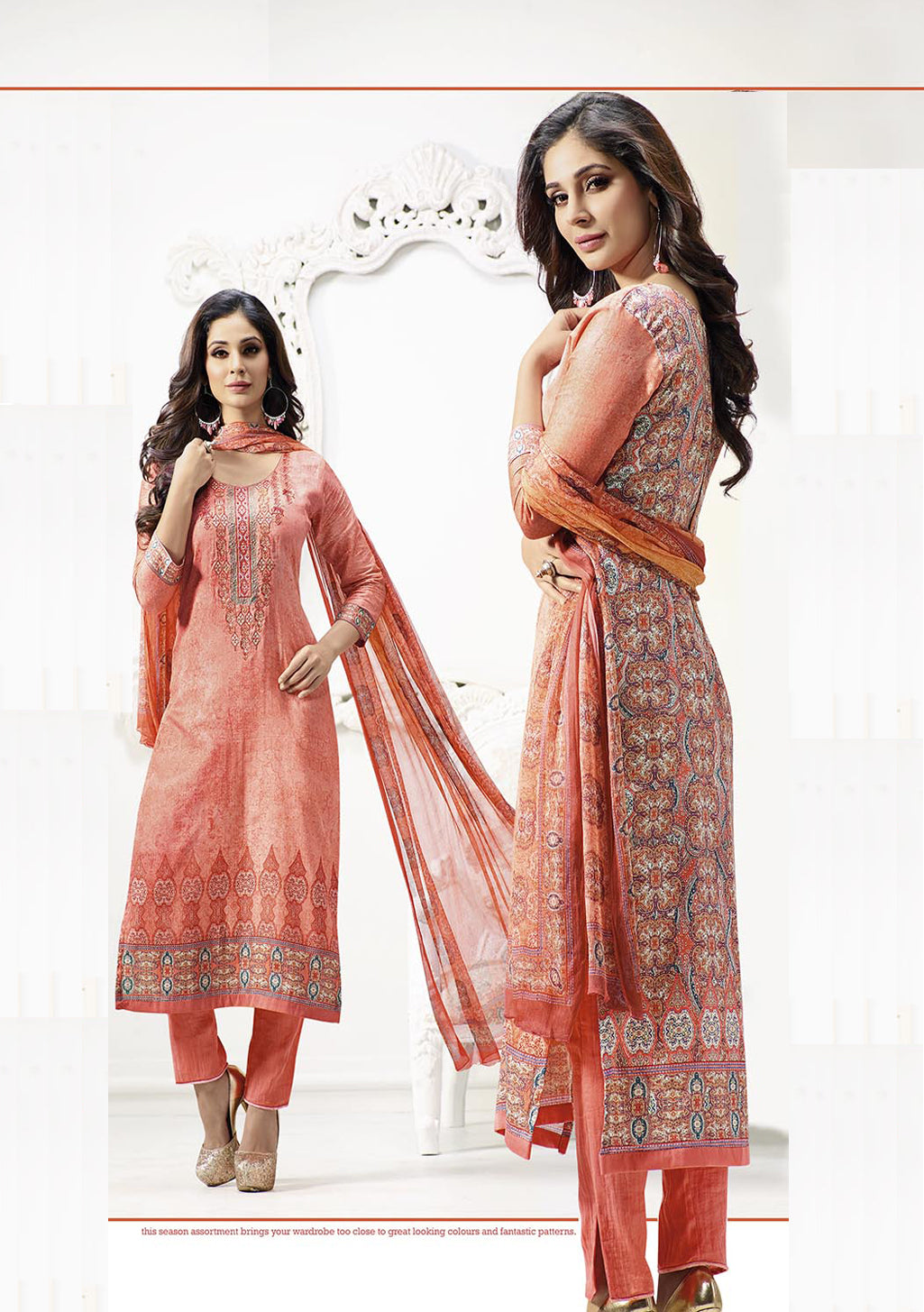 Peach Cotton Satin  Embroidered Salwar Suit Top & Pure Chiffon Digital Print Dupatta