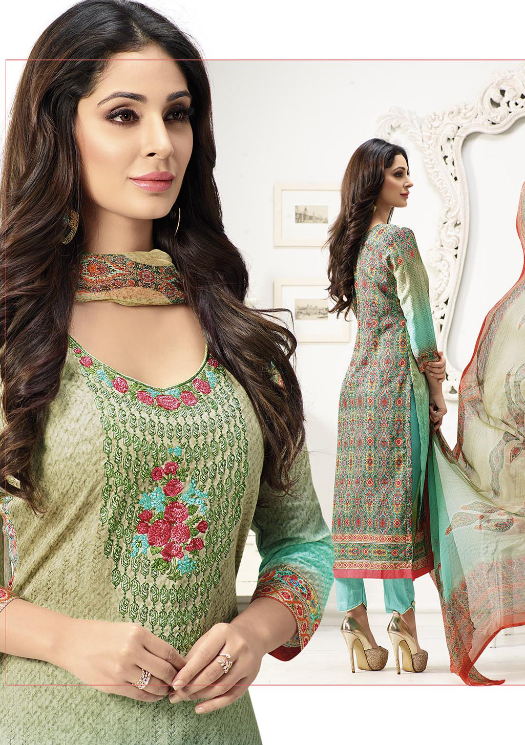 Sky Blue-Green Cotton Satin  Embroidered Salwar Suit Top & Pure Chiffon Digital Print Dupatta