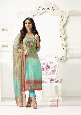 Sky Blue-Green Cotton Satin  Embroidered Salwar Suit Top & Pure Chiffon Digital Print Dupatta
