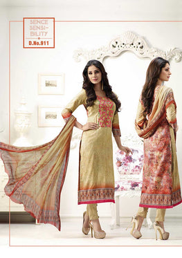 Cream-Red Cotton Satin Embroidered Salwar Suit Top & Pure Chiffon Digital Print Dupatta