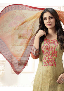 Cream-Red Cotton Satin Embroidered Salwar Suit Top & Pure Chiffon Digital Print Dupatta
