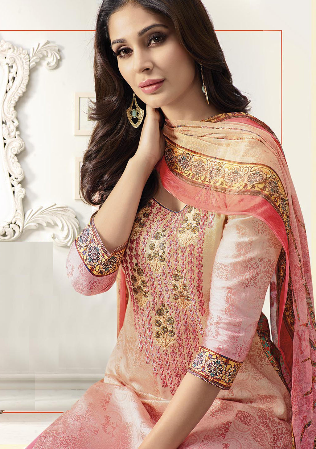 Light Pink Cotton Satin Salwar Suit Top  & Pure Chiffon Digital Print Dupatta