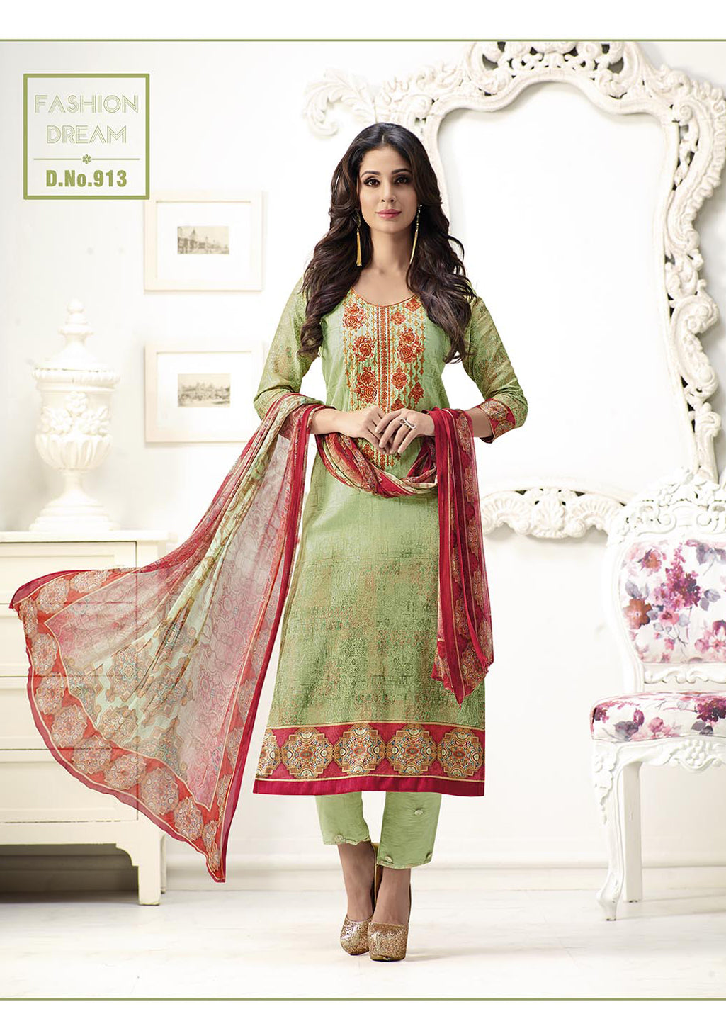 Green-Red Cotton Satin  Embroidered Salwar Suit Top & Pure Chiffon Digital Print Dupatta