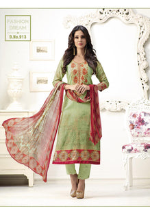 Green-Red Cotton Satin  Embroidered Salwar Suit Top & Pure Chiffon Digital Print Dupatta