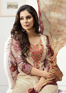 Cream-Magenta Cotton Satin Embroidered Salwar Suit Top & Pure Chiffon Digital Print Dupatta