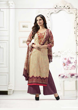 Cream-Magenta Cotton Satin Embroidered Salwar Suit Top & Pure Chiffon Digital Print Dupatta