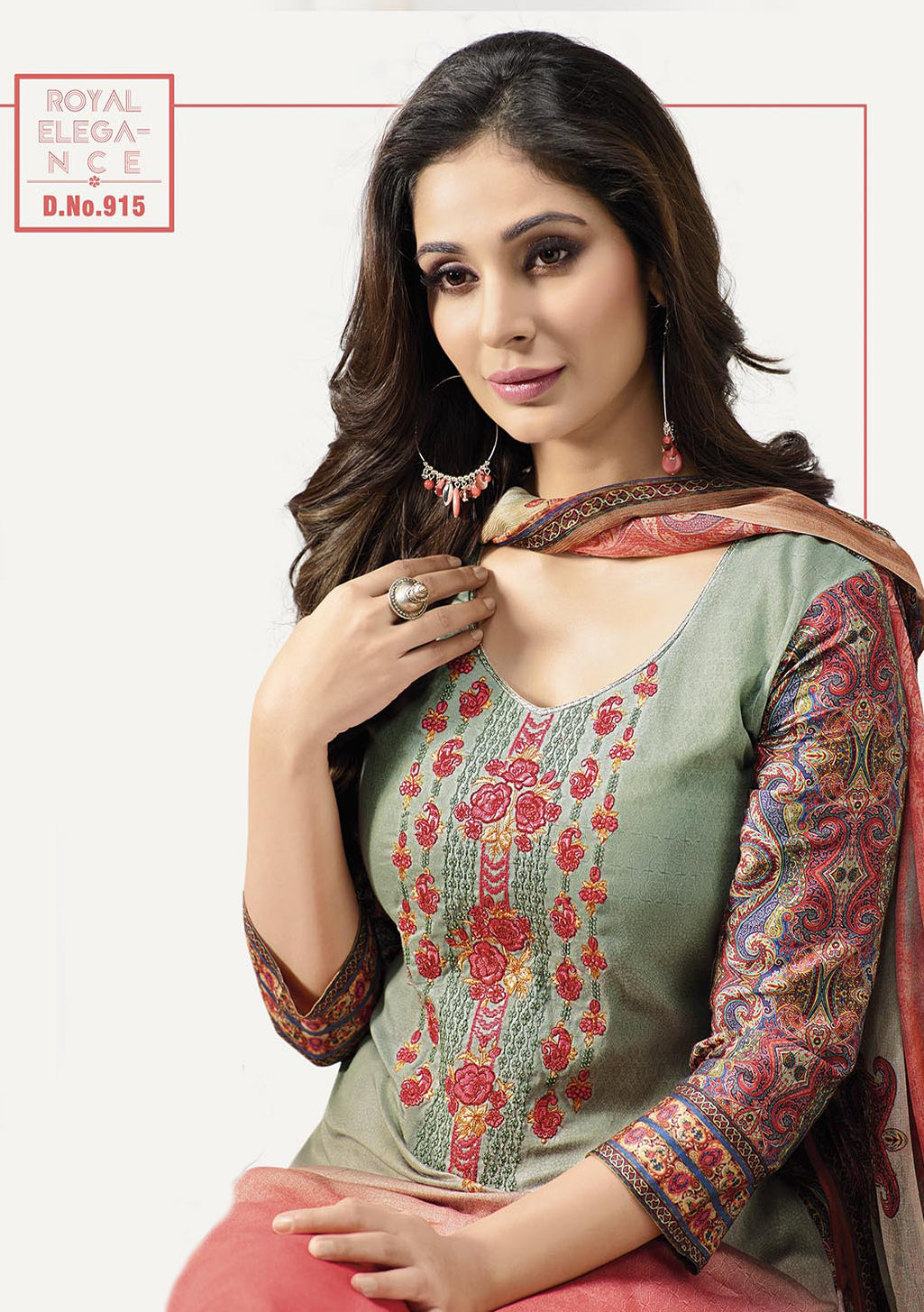 Peach-Gray Cotton Embroidered Satin Salwar Suit Top & Pure Chiffon Digital Print Dupatta