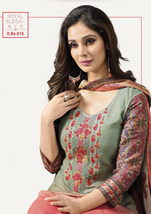 Peach-Gray Cotton Embroidered Satin Salwar Suit Top & Pure Chiffon Digital Print Dupatta