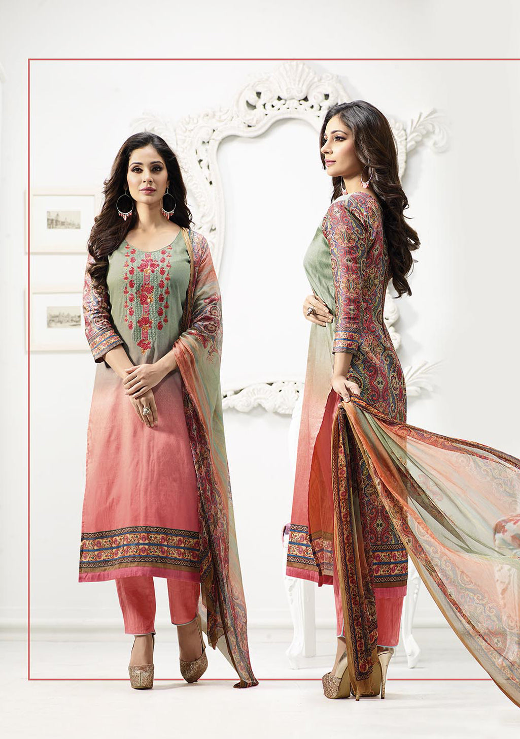 Peach-Gray Cotton Embroidered Satin Salwar Suit Top & Pure Chiffon Digital Print Dupatta