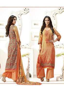 Golden-Red Cotton Embroidered Satin Salwar Suit & Pure Chiffon Digital Print Dupatta