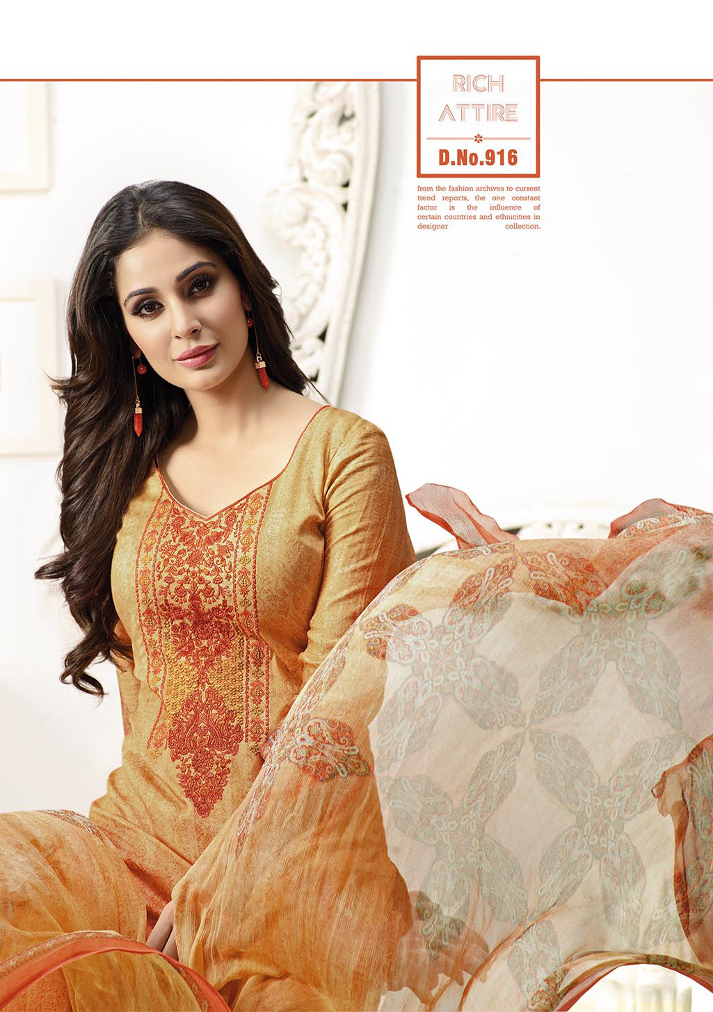 Golden-Red Cotton Embroidered Satin Salwar Suit & Pure Chiffon Digital Print Dupatta