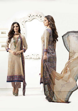 Cream-Blue Cotton Embroidered Satin Salwar Suit & Pure Chiffon Digital Print Dupatta