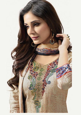 Cream-Blue Cotton Embroidered Satin Salwar Suit & Pure Chiffon Digital Print Dupatta