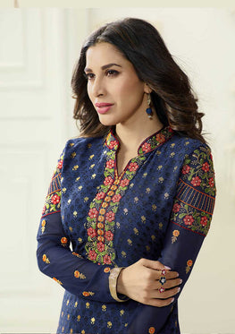 Blue Brasso  Embroidered Salwar Suit Top & Chiffon Embroidered Dupatta