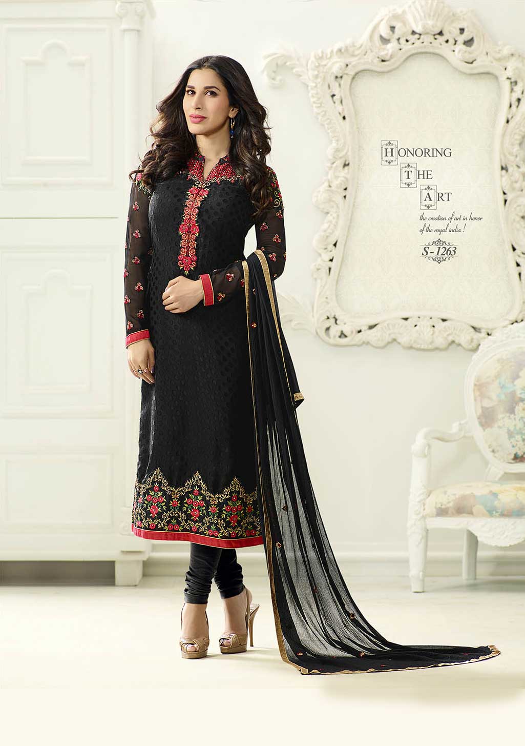 Black Brasso  Embroidered Salwar Suit Top & Chiffon Embroidered Dupatta