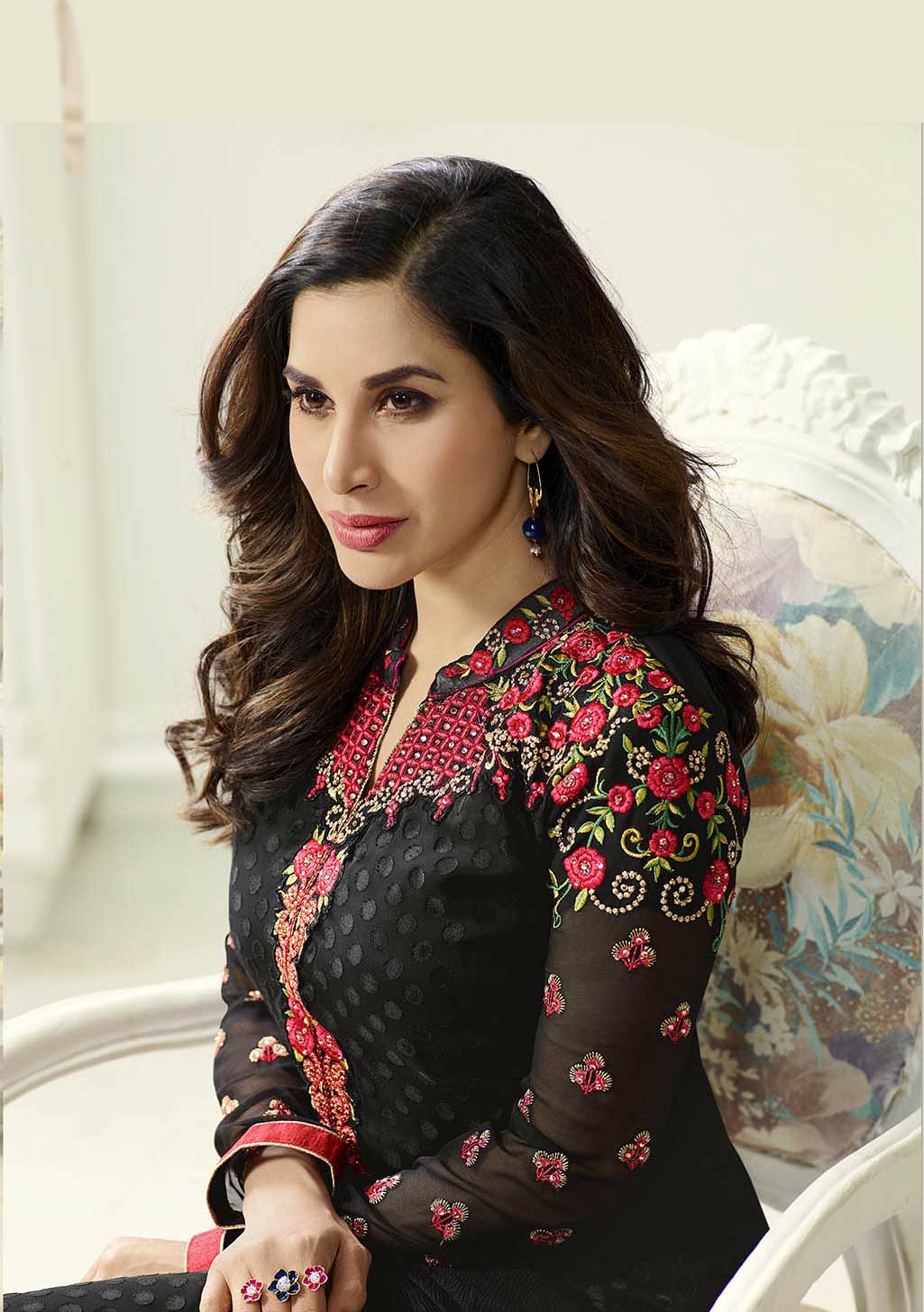 Black Brasso  Embroidered Salwar Suit Top & Chiffon Embroidered Dupatta