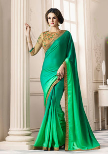 Green Barfi Silk Saree with Heavy Zari, resham embroidery and stone work