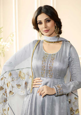 Blue Raw Silk Embroieded Anarkali Salwar Suit & Chiffon Embroieded Dupatta